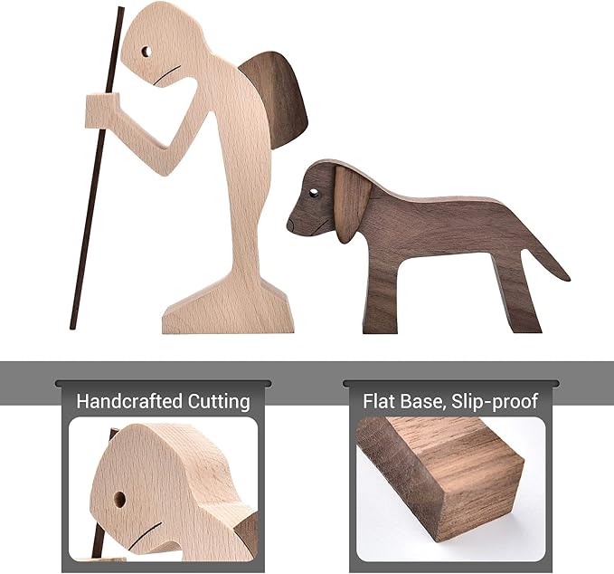 ISHINE Handmade Wooden Statue for Home Decor, Man and Dog Wood Figurine, Wood Decor Accents Craft Figurine for Bedroom Home Office Shelf Decor Gift Natural ECO Friendly