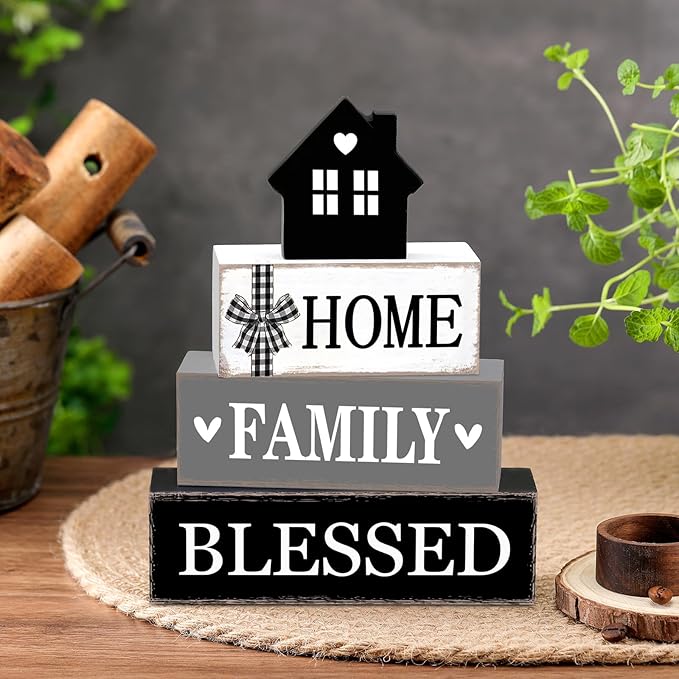 Cinnvoice 4 Pcs Farmhouse Tabletop Decor Rustic Family Blessed Home Table Centerpiece This Is Us Sign for Kitchen Shelf Desk Fireplace Mantel Tiered Tray Decor(Neutral Home Family Blessed)
