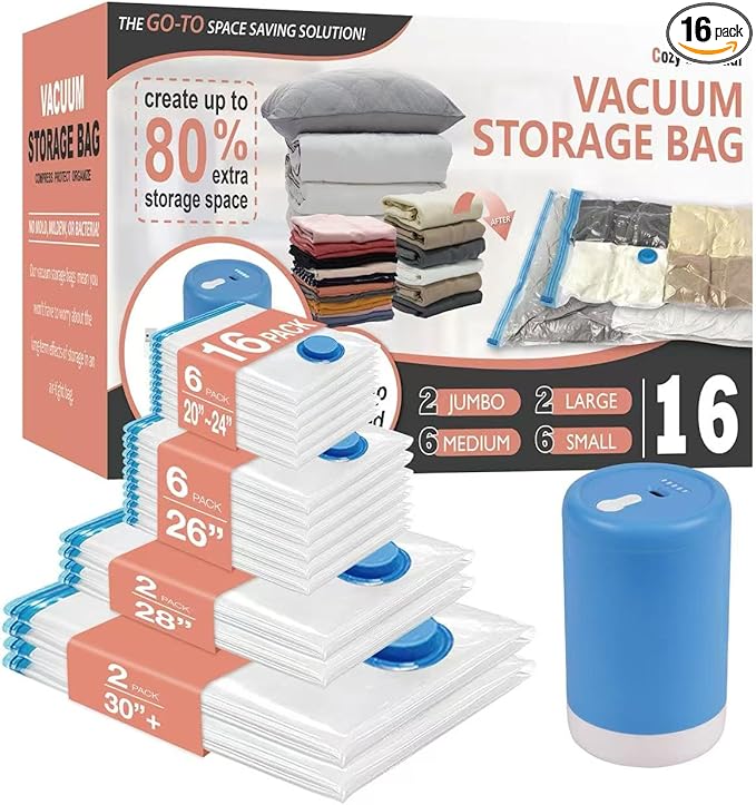 Cozy Essential Travel Vacuum Storage Bags with Rechargeable Cordless Electric Pump, Space Saver Bags for Luggage, Suitcase, Carry-On, for Clothes, Blankets, Comforters, Pillows, 16 Combo