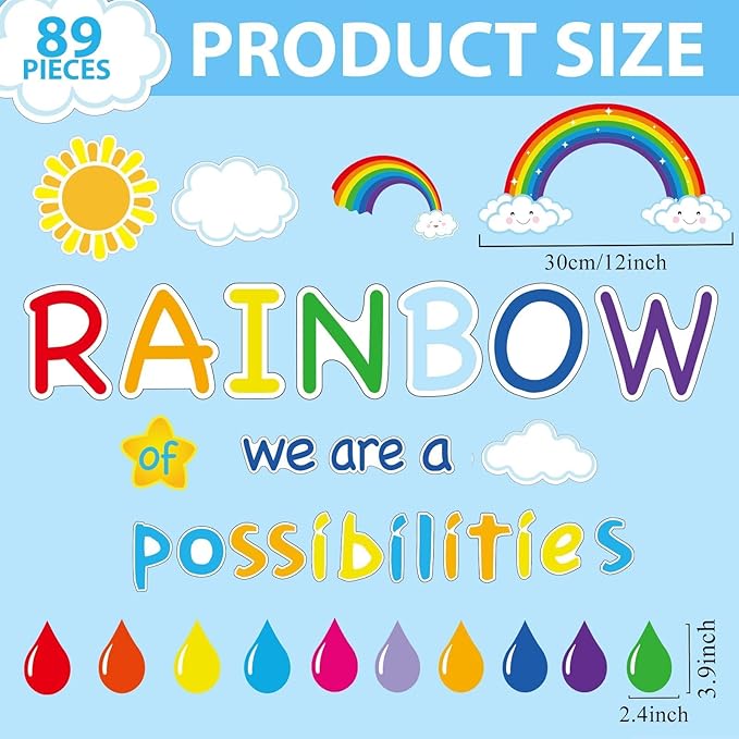 Motivational Rainbow Bulletin Board Cutouts, Hello Sunshine Inspirational Classroom Decoration We are a Rainbow of Possibilities Accents for School Chalkboards Wall Decor