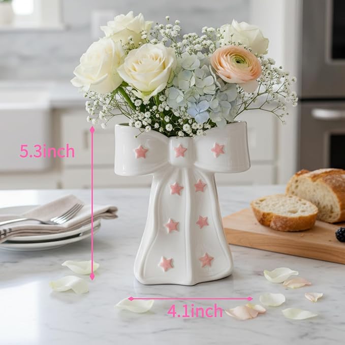 White Bow Vase, White and Pink Flower Vase for Home Decor, Ceramic Vases for Boho Style, Large Cute Vases for Ideal Shelf Decor/Table/Living Room. (Pink 3, Large)