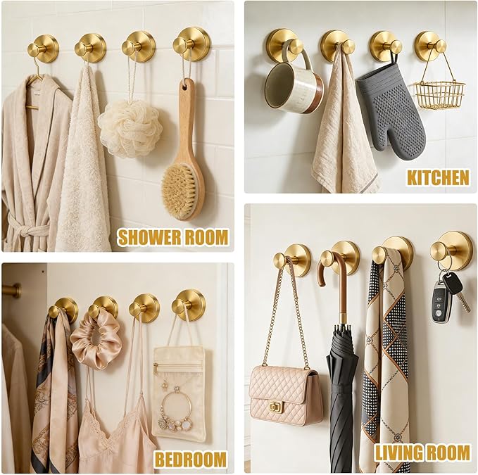 Mity rain Suction Cup Hooks for Door Wreaths, Reusable Metal Wreath Hangers for Front Door Glass Windows, Strong Hold No-Drill Wreath Holder Ideal for Holiday & Christmas Door Decorations（Gold）