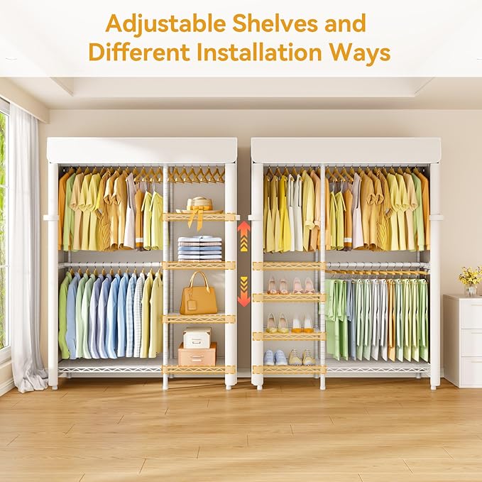 F2C Clothes Rack with Cover, Clothing Racks for Hanging Clothes, Heavy Duty Garment Rack with Shelves and Hanger Rods, White Closet with Beige Cover, 47.2" W x 16.5" D x 78.3" H, Load 630lbs