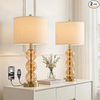 Oneach 25" Amber Glass Table Lamps for Living Room, Glass Modern Table Lamp Set of 2, USB Charging Ports, Linen Shade, Bedside Lamps for Bedroom, Nightstand, Side Table (Bulbs not Included)