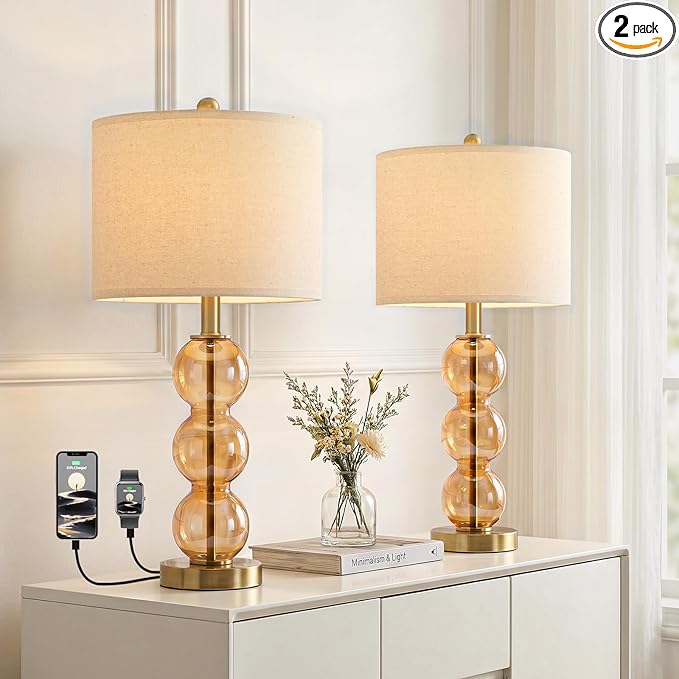 Oneach 25" Amber Glass Table Lamps for Living Room, Glass Modern Table Lamp Set of 2, USB Charging Ports, Linen Shade, Bedside Lamps for Bedroom, Nightstand, Side Table (Bulbs not Included)