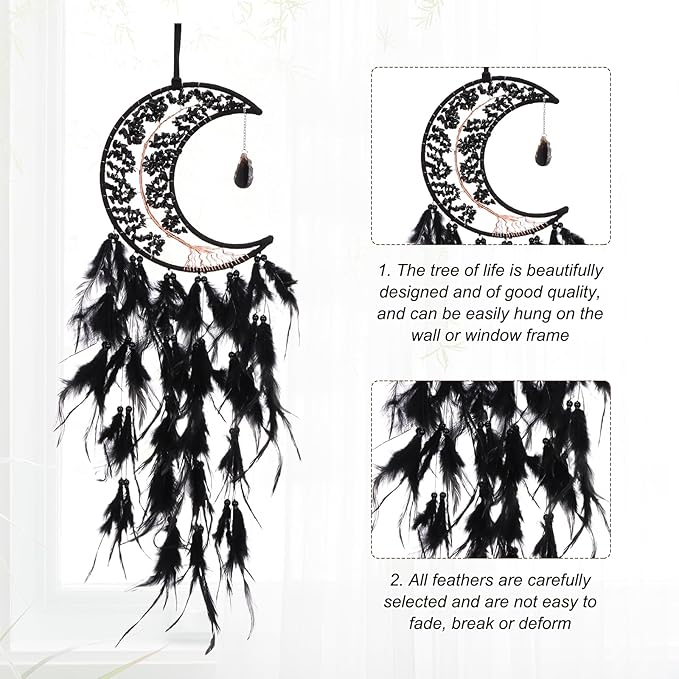 PATIKIL Crystal Life of Tree Dream Catchers, 28 Inch Feather Handmade Moon Dream Catchers with Gemstone Agate Stone Wall Hangings Decor for Home Wedding Bedroom Living Room, Black White