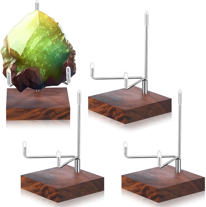 Wenqik 4 Pcs Crystal Display Stand Rock Display Stand Adjustable Metal Arms with Wooden Base Geodes Rock Agate Mineral Easel Holder for Collectibles(2.56 x 2.56 x 4.33 Inch,Silver)