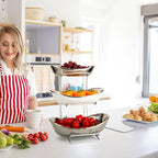 jessie 3 Tier Ceramic Fruit Bowls for Kitchen Counter with Metal Rack, Fruit Basket with Stand, Porcelain Bowls for Fruit Vegetable Bread Candy Snack Nuts (Silver and White Bowl-Silver Rack 3 Layer)