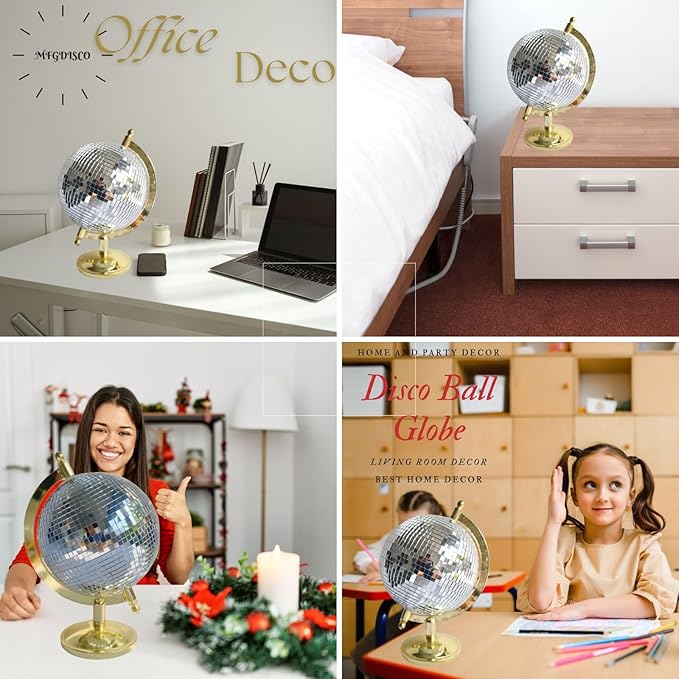 Disco Ball Globe Home Decor Statues Classic Tabletop Art Sculpture Gold Discoball Unique Western Modern Decorative Aesthetic Sculptures, 6.5" x 6" x 9",Bright Gold