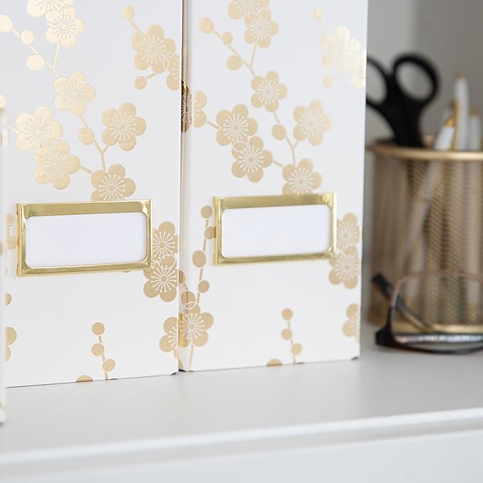BLU MONACO | Set of 4 Foldable Magazine Storage Boxes with Gold Floral Pattern | Decorative Vertical File Organizers with Gold Label Holders for Desk, Shelves & Home Office