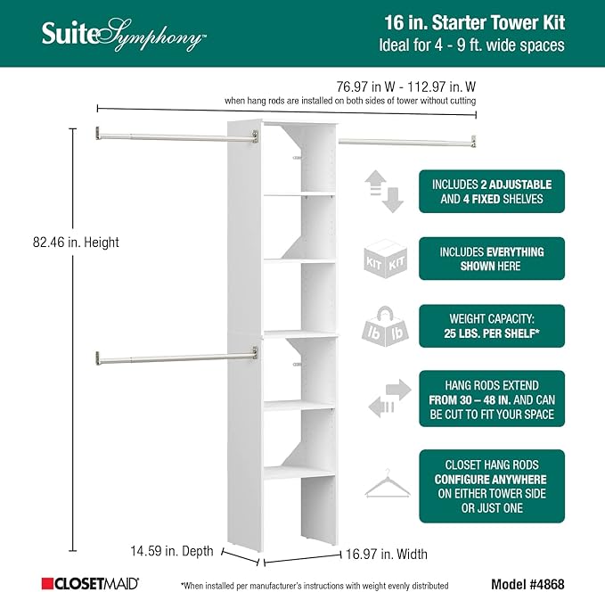 ClosetMaid SuiteSymphony Small Closet Organizer Starter Kit with Tower and 3 Hang Rods, Shelves, Adjustable, Customizable Wardrobe Organizer System, Reach-In or Walk-In Closets, Pure White