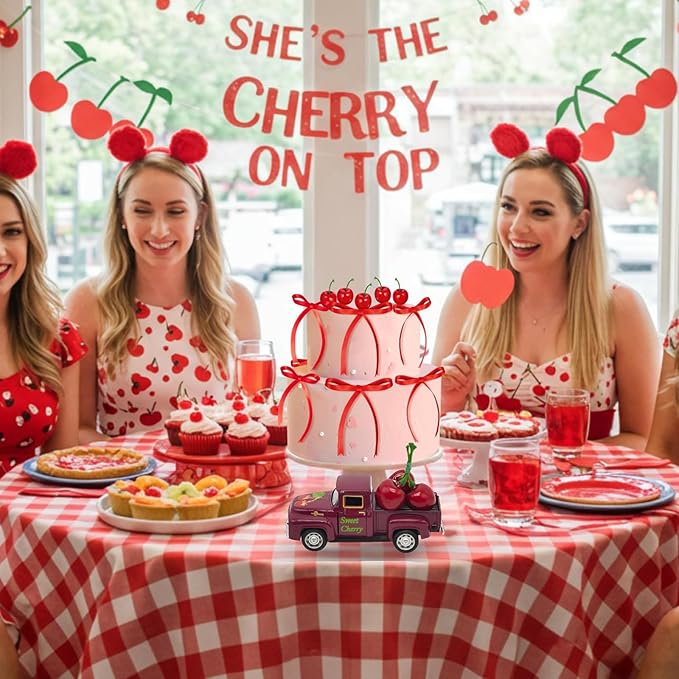 Cherry Decor – 4.9″Sweet Cherry Mini Vintage Metal Truck with 3 Fake Cherries for Themed Party Decorations, Home Kitchen Centerpieces for Tables, Farmhouse Pickup Truck Tiered Tray Decor Gifts