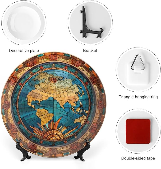 Decorative Plate for Home, Vintage Map of The World Stained Glass Print Tray for Table Display, Ceramic Dinner Plate Living Room Decor, Gifts for Adventure Lover Wanderlust, 10 Inch