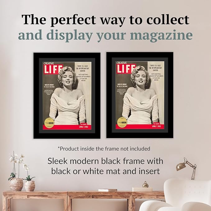 Creative Picture Frames 10.5 x 14 Magazine Frame with Full-Strength Glass, Holds Up To A 1/4" Thick Media with Installed Hangers for Easy Mounting, 12x16 Manhattan Black Frame with Black Mat