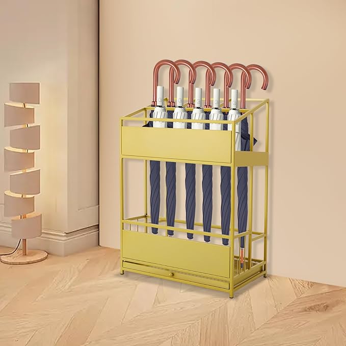 Umbrella Holder Entryway, Umbrella Stand Rack 18.9*11*26in Metal Square Umbrella Rack Organizer Removable Drip Tray Raised Feet Hollow-Out Design Drip Tray Handle for Holds Umbrellas, Canes