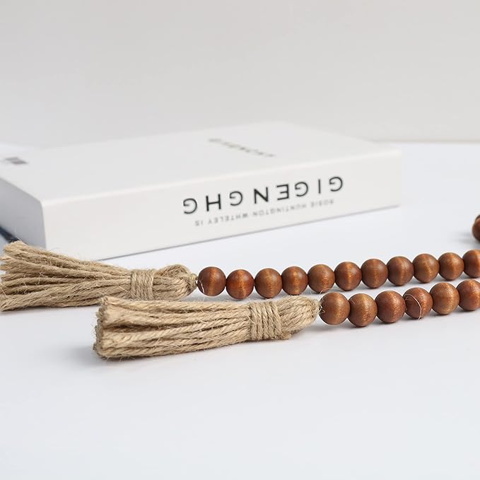 58in Wood Bead Garland with Tassels, Farmhouse Rustic Country Decor Prayer Boho Wall Hanging Decoration (Brown)