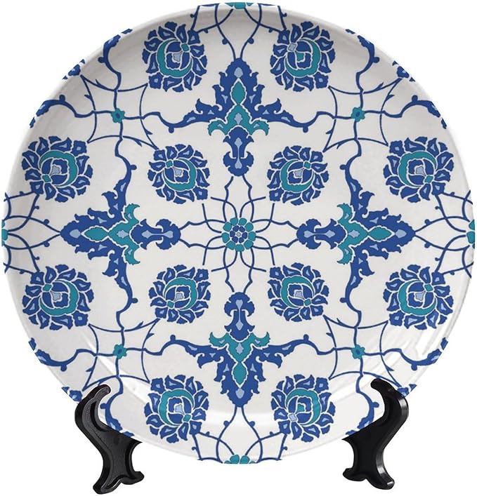 Turkish Decorative Plate Stand, 8 Inch, Blue Flower Round Display Plate, Table Top Plate Decor with Stand, for Kitchen Living Room Office Countertop Decor