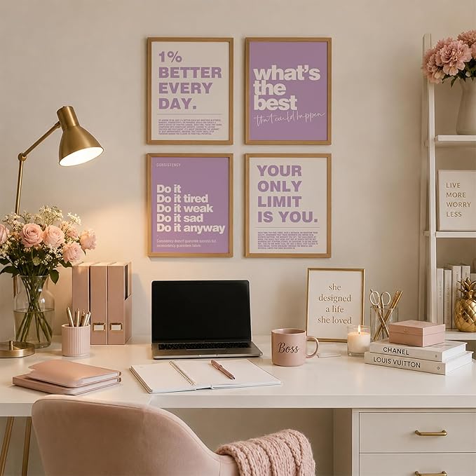 DSHFG Motivational Inspirational Office Wall Art Decor Prints Set of 4, Black Motivational Wall Decor Trendy Retro Posters for Office Home Decor, 8x10 Unframed (Purple)