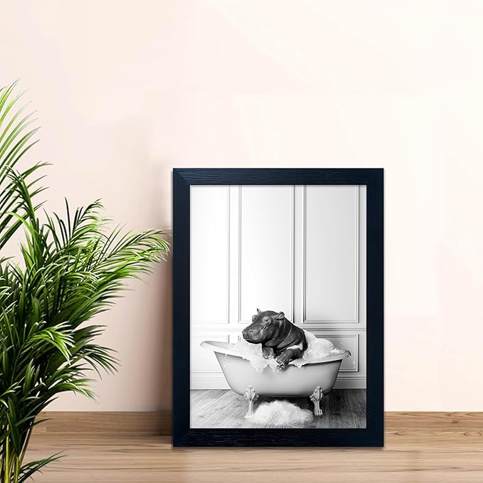 Black and White Bathroom Wall Decor Funny Hippo in Bathtub Wall Art Framed Humor Bathroom Signs Cute Animal Cnvas Print Artwork