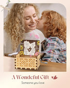 Swooflia Mother's Day Wooden Music Box for Mom with Sunflower Greeting Card - Hand Crank Engraved Musical Box Vintage Mechanism Personalized Gifts for Women Grandma On Birthday