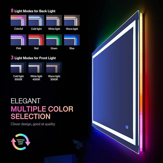 LOAAO 48"X32" LED Bathroom Mirror with Lights, Anti-Fog, Dimmable, RGB Backlit + Front Lighted, Bathroom Vanity Mirror for Wall, Memory Function