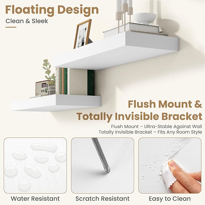 FLYJOE 55 Inch Long Floating Shelves for Wall Set of 1, 12" D Wood Grain Bathroom Shelves with Invisible Brackets, Easy Install Engineered Wood Storage Shelves for Kitchen, Living Room, Bedroom