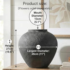 Black Large Round Vase Pottery Look for Home Decor, Arina Black Rustic Iron Vase Modern Farmhouse, Console Table Decor, Earthy Textured Metal Big Black Round Vases for Centerpieces, Jarrones Grandes
