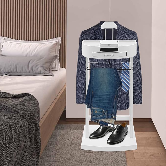 Eapmic Wooden Freestanding Clothes Stand with Sturdy Base, Multi-functional Suit Valet Stand, Coat Rack with Top Drawer, Tie Hangers, and Storage Compartments for Office, Bedroom, Living Room (White)