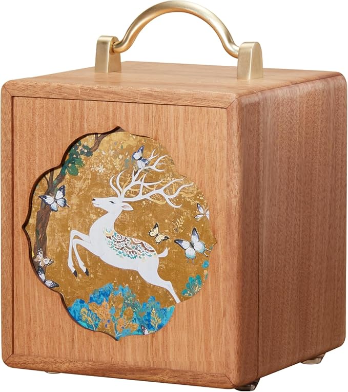 Wooden Jewelry Box for Women 4 Tier Walnut Wooden Jewelry Box with handle (White Deer Print A)