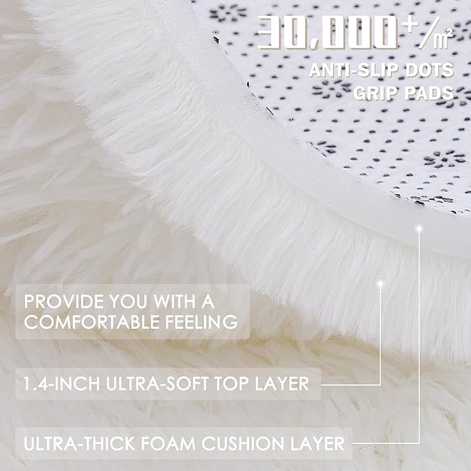 OLANLY Ivory Round Rugs for Bedroom - Machine Washable, 8 ft Circle Area Rugs for Living Room, Soft and Fluffy Shaggy Carpet for Teen Girls and Boys, Nursery Rooms, Dorms, Home Decor Aesthetic