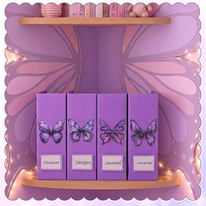 AmazingSpark Set of 4 Purple Butterfly Magazine Holder Decorative Foldable Magazine Storage Boxes with Acrylic Label Holders Coquettish Boho Organizer for Office Home Organization Storage