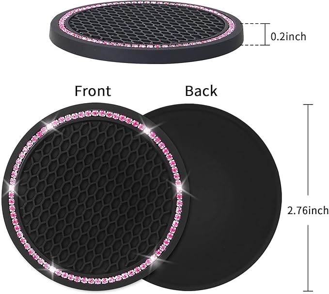 4 Pack Car Coasters, Universal Vehicle Bling Car Coaster, Cute Rhinestone Coaster for Cup Holders,Interior Accessories 2.75'' Silicone Anti Slip Car Coasters for Women (Pink Crystal Circle)