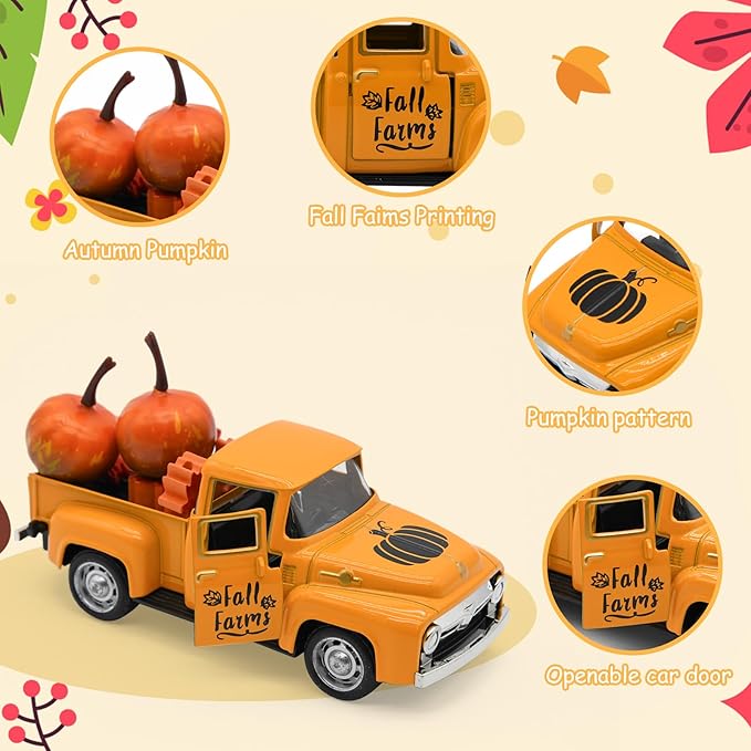 Thanksgiving Truck Decor, Fall Orange Maple Leaf Pumpkin Metal Truck Decorations for Home Indoor, Mini Cute Pumpkin Tiered Tray Decor, Farmhouse Kitchen Tabletop Centerpiece Decorations
