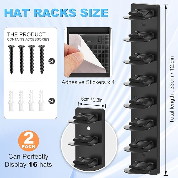Eiito Hat Organizer for Baseball Caps, 2 Pack Strong Adhesive Hat Rack for Wall, Multilayer Hat Storage Display Holder, Wall Mounted Hat Hooks Hold up to 16 Hats for Closet Door and Bedroom (Black)