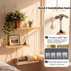 3-Tier Boho Hanging Shelves for Wall - Rustic Floating Wood Shelves with Rope, Macrame Plant Shelf Organizer for Home Decor - Farmhouse, Bohemian Style for Bedroom, Bathroom, Kitchen
