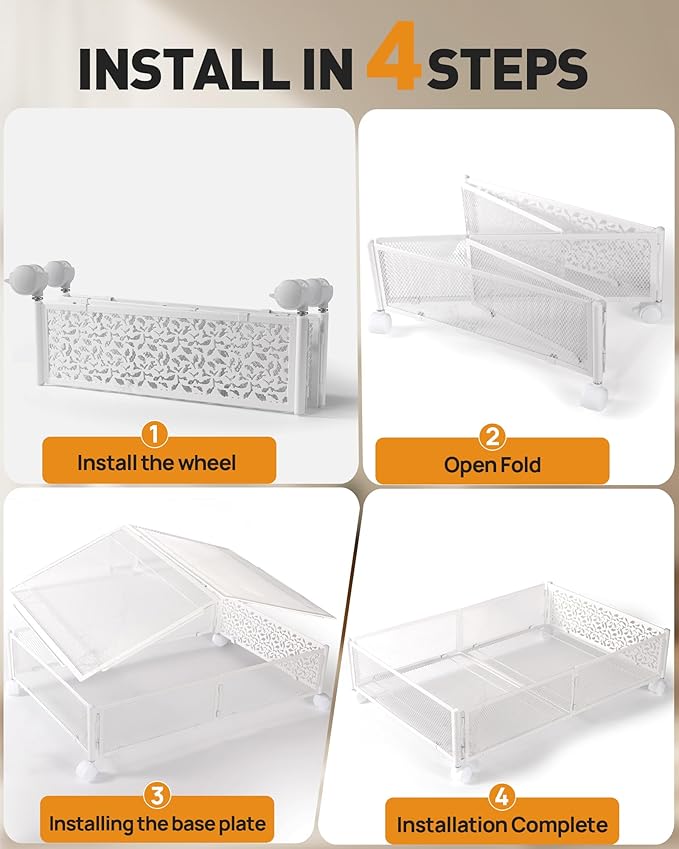 Under Bed Storage With Wheels, 4 Pack Foldable Pattern Carved Metal Under Bed Storage Containers, 60L Rolling Underbed Storage, Easy Assembly Under The Bed Storage for Shoes, Blankets...