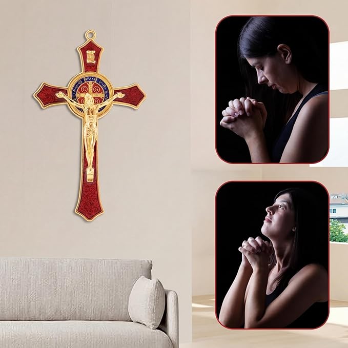 TALPGOD St Benedict Crucifix Red 7 Inch,Crucifix Wall Cross for Catholic Decor,Jesus Christ Hanging Cross Wall Art Decor,Escapularios Catolicos,Saint Benedict Medal for Home Decoration