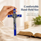 TALPGOD St Benedict Crucifix Silver Blue 7.2 Inch,Crucifix Wall Cross for Catholic Decor,Jesus Christ Hanging Cross Wall Art Decor,Escapularios Catolicos,Saint Benedict Medal for Home Decoration