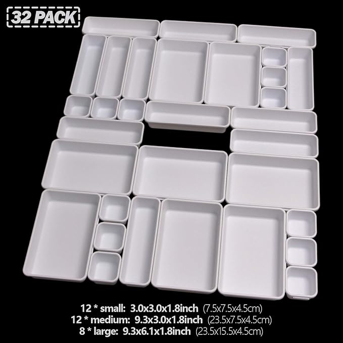 Set of 32 Interlocking Desk Drawer Organizer Tray Dividers Plastic Shallow Narrow Drawers Organizers Separators Storage Bins Container for Kitchen Bathroom Makeup Office Vanity Bedroom Dresser White
