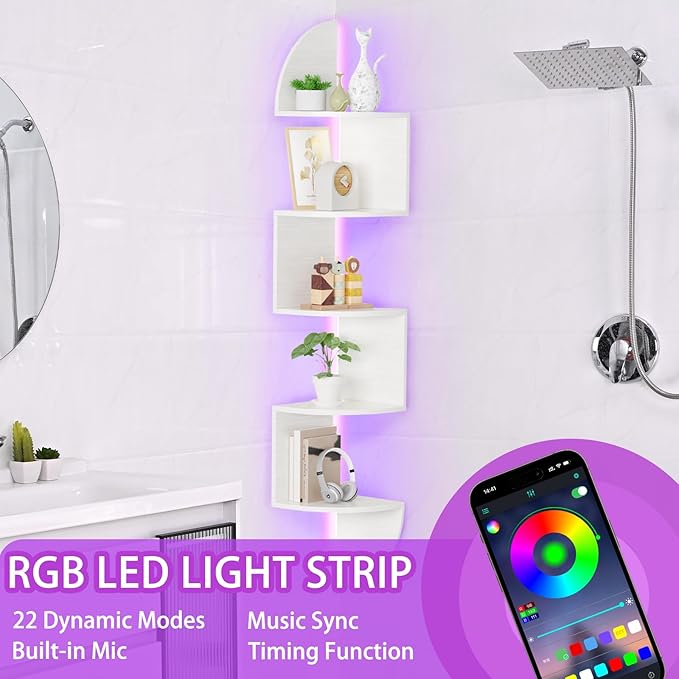 Waipfaru Corner Shelf, 5 Tier Bookshelf with LED Light, Corner Shelf Wall Mounted, Floating Shelves for Wall, Display Stand for Bedroom, Living Room, Bathroom, Home, Office, White