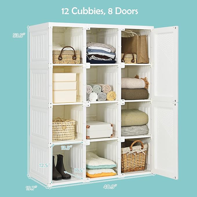 Tangkula Portable Closet Wardrobe, Foldable Clothes Organizer with Cubby Storage, Hanging Rods, Easy Assemble Clothing Storage with Magnet Doors, Folding Bedroom Armoire (12 Cubbies)