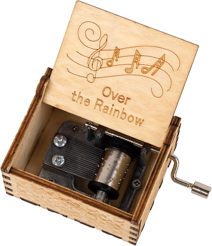 AUEAR, Over The Rainbow Wooden Music Box Hand Crank Laser Engraved Vintage Musical Small Unique Gift for Birthday Wedding Christmas Valentines Day (Style D)