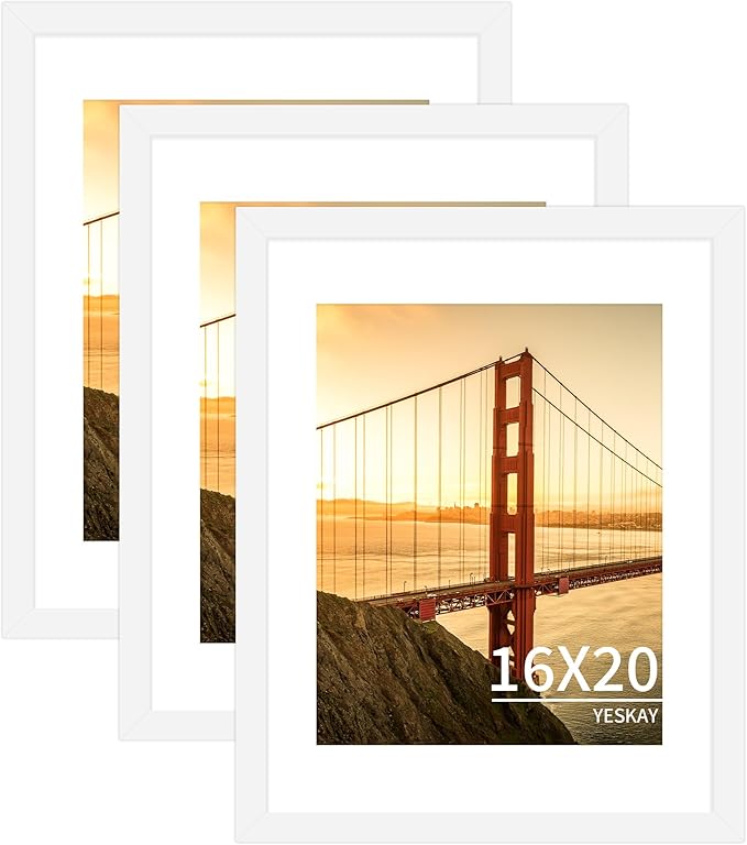 16x20 Picture Frame White Set of 3, Display Pictures 11x14 with Mat or 16 x 20 Without Mat, Poster Frames 16x20 for Wall Hanging Horizontal and Vertical