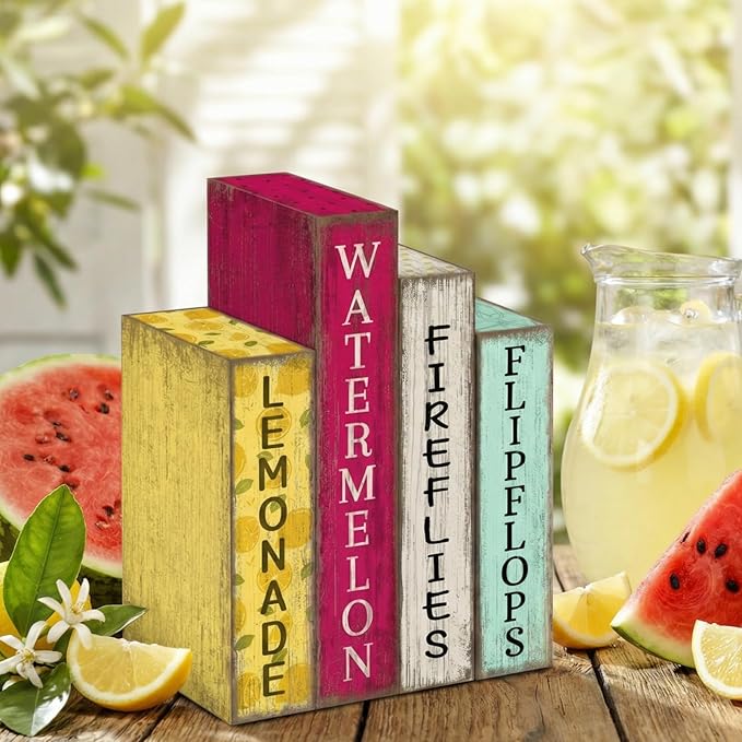 Lineshading 4 Pcs Summer Table Decoration Wooden Book Lemon Watermelon Wooden Sign Yellow and Red Summer Tiered Tray Decor Wood Book Sign Farmhouse for Home Shelf Coffee Table