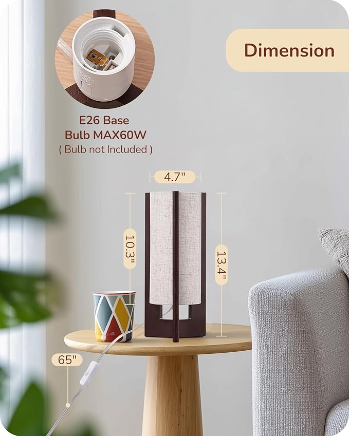 EDISHINE Wood Table Lamp, 13.5" Small Bedside Lamp, Beige Linen Shade, Rosewood Cylinder Nightstand Lamp for Bedroom Living Room, On-Off Line Switch, E26 Base (Bulb Not Included)