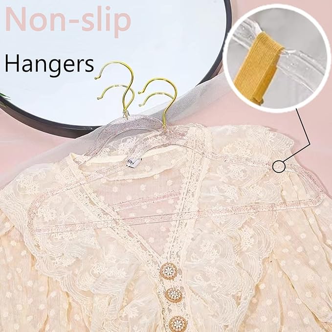Pink Clothes Hangers 16", 40 Pack Plastic Clear Coat Hanger for Adult Closet, Durable Bling Ganchos de Ropa with Swivel Hook, Notched Shoulders & Ultra-Thin Space Saving Laundry Hanger for Dress Suits