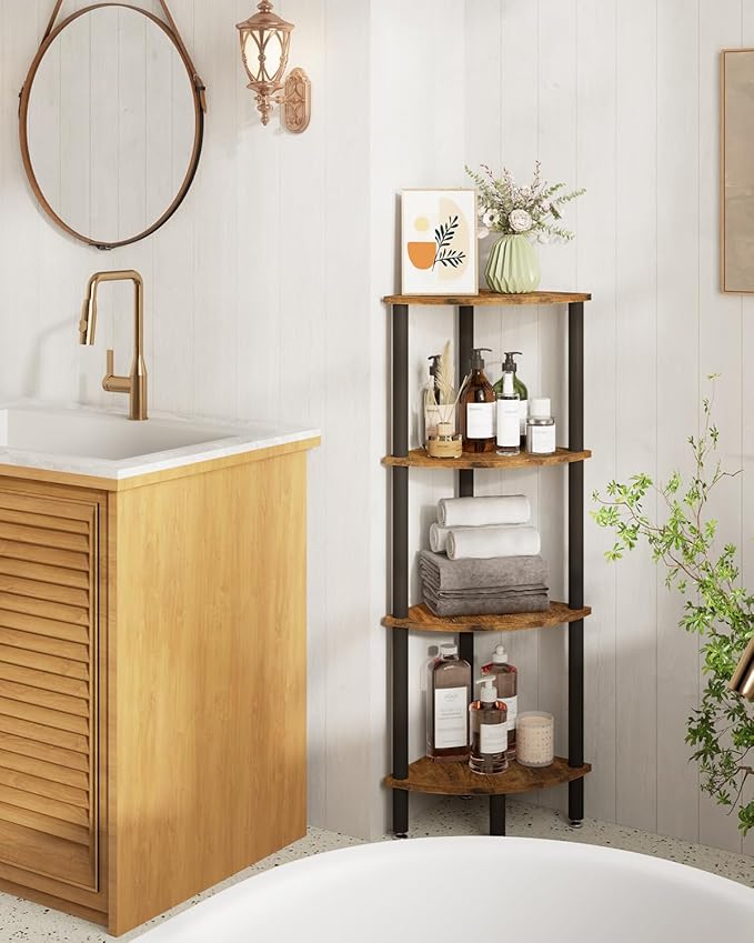 IBUYKE 4 Tier Corner Shelf Stand,Industrial Corner Display Rack,Corner Bookshelf for Living Room, Bedroom, Kitchen, Home Office, Brown WBC014H