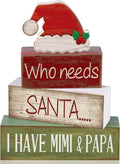 Lineshading 4 Pcs Christmas Table Decorations Wooden Red Santa Hat Christmas Tiered Tray Decor Rustic Wood Santa Hat Block Sign Xmas Centerpiece Mimi and Papa's Gift Decor for Home Shelf Kitchen