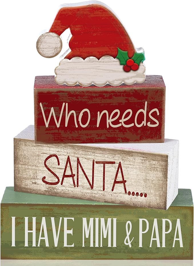 Lineshading 4 Pcs Christmas Table Decorations Wooden Red Santa Hat Christmas Tiered Tray Decor Rustic Wood Santa Hat Block Sign Xmas Centerpiece Mimi and Papa's Gift Decor for Home Shelf Kitchen