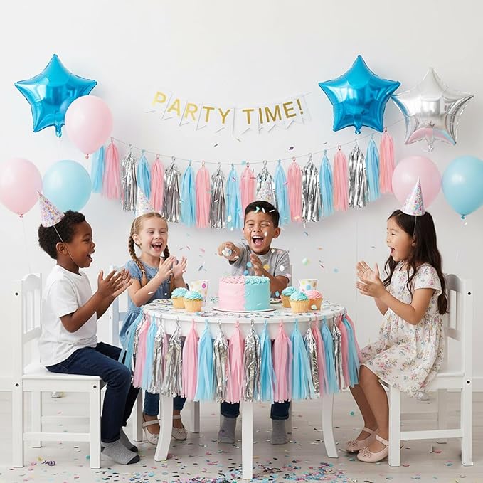 Pink Blue and Silver Tissue Paper Tassel Banner for Gender Reveal Birthday,Baby Shower Party Decorations,15 Pcs